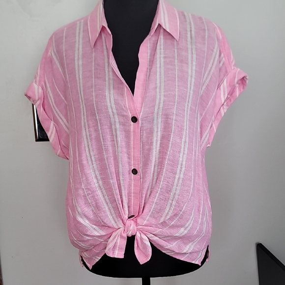 Sonoma Pink and White Button Down Shirt with Tie Front - Picture 1 of 10